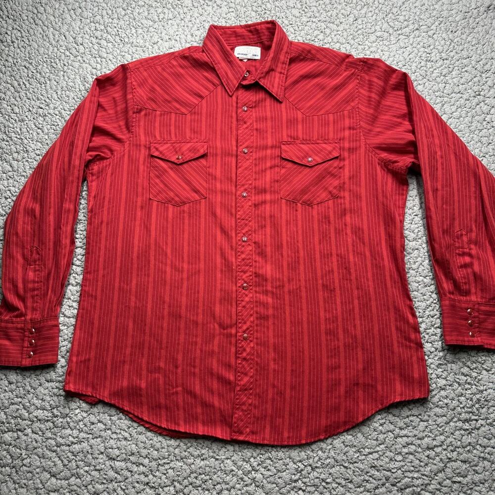 Vintage Wrangler Wrancher Pearl Snap Shirt Mens XL Red Striped Long Sleeve